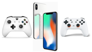 Is Apple entering the on-demand cloud video games arena? Image of iphone, google stadia, and Xbox